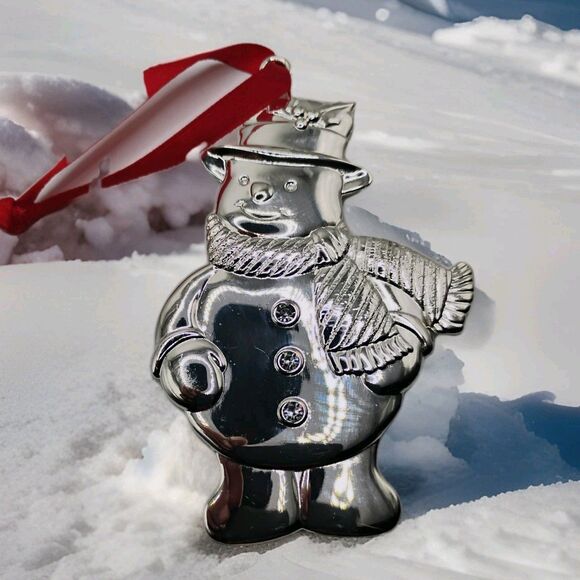 Lenox Silver Plated, White Rhinestone Gems, Snowman Christmas Tree Ornament - Picture 1 of 6